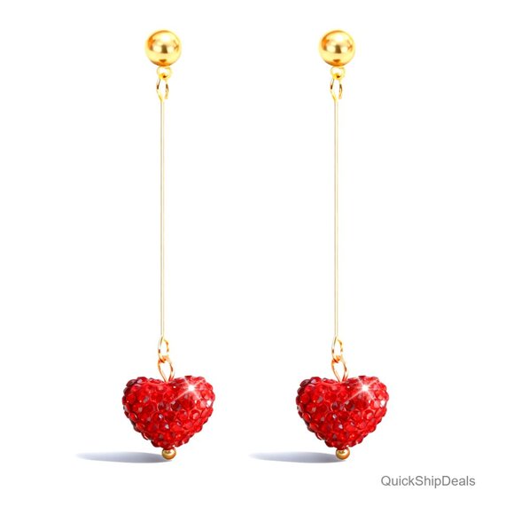 Jewelry - Heart Dangle Earrings with Rhinestones, Lever Back Closure, Valentine's Day Gift
